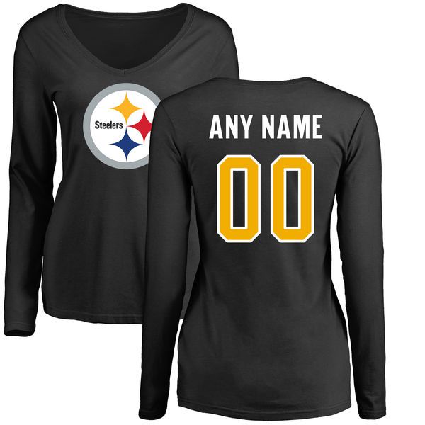 Women Pittsburgh Steelers NFL Pro Line Black Custom Name and Number Logo Slim Fit Long Sleeve T-Shirt->nfl t-shirts->Sports Accessory